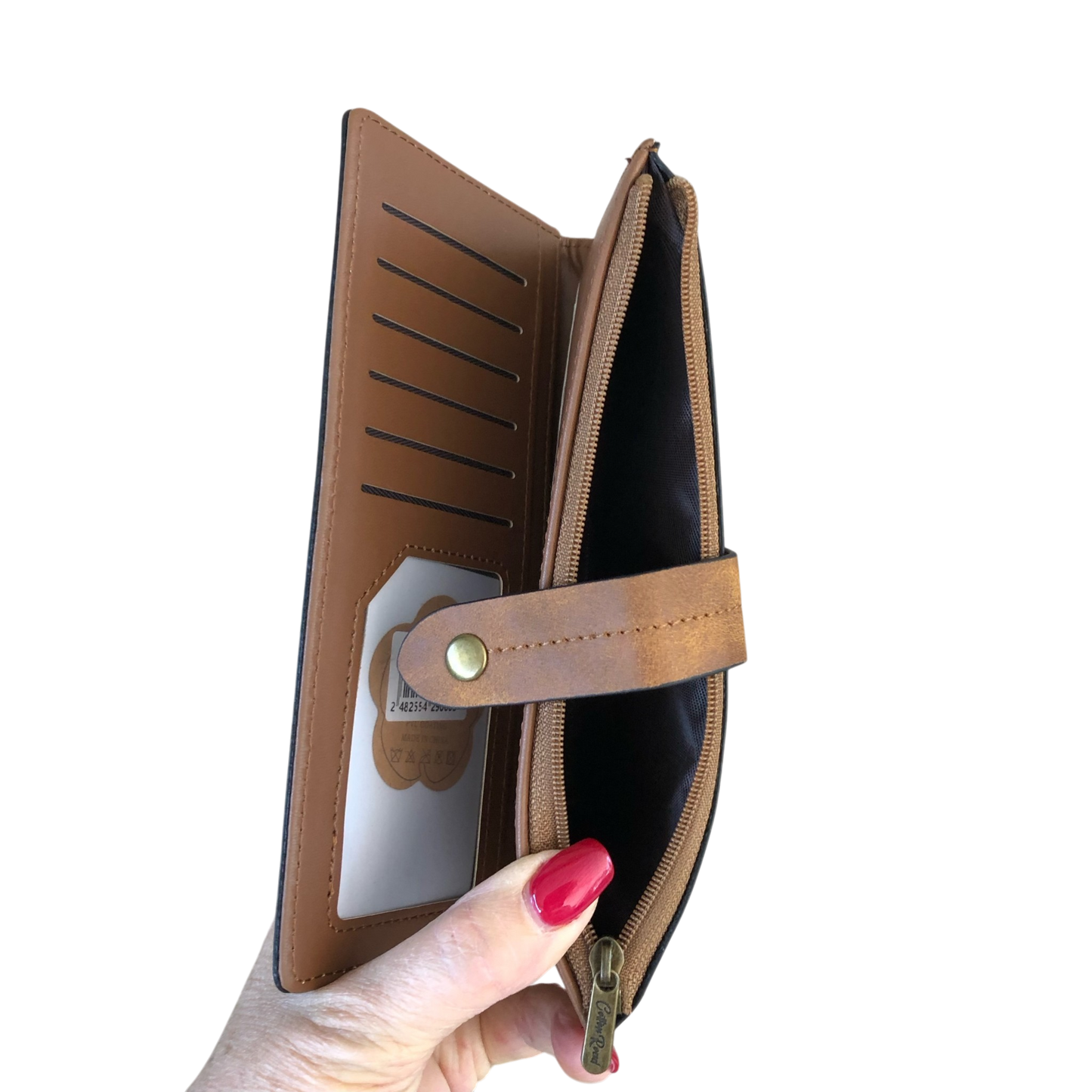Cotton Road Wallet large khaki PU leather with outside zip pocket and multiple compartments
