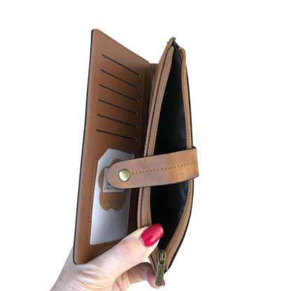 Cotton Road Wallet large khaki PU leather with outside zip pocket and multiple compartments