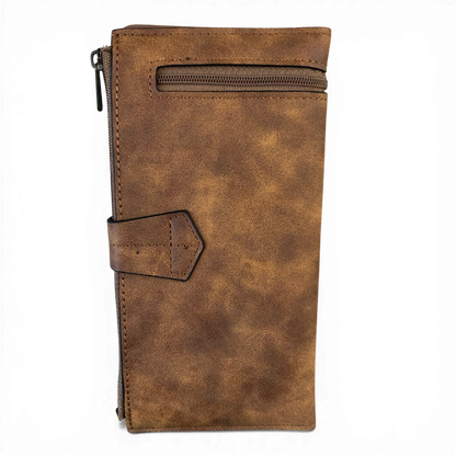 Cotton Road Wallet khaki PU leather with outside zip pocket and multiple compartments for organization