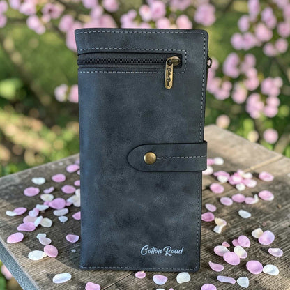 Cotton Road Wallet large grey PU leather with outside zip pocket and multiple compartments