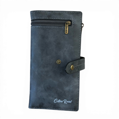 Cotton Road Wallet large grey PU leather with exterior zip pocket and multiple compartments