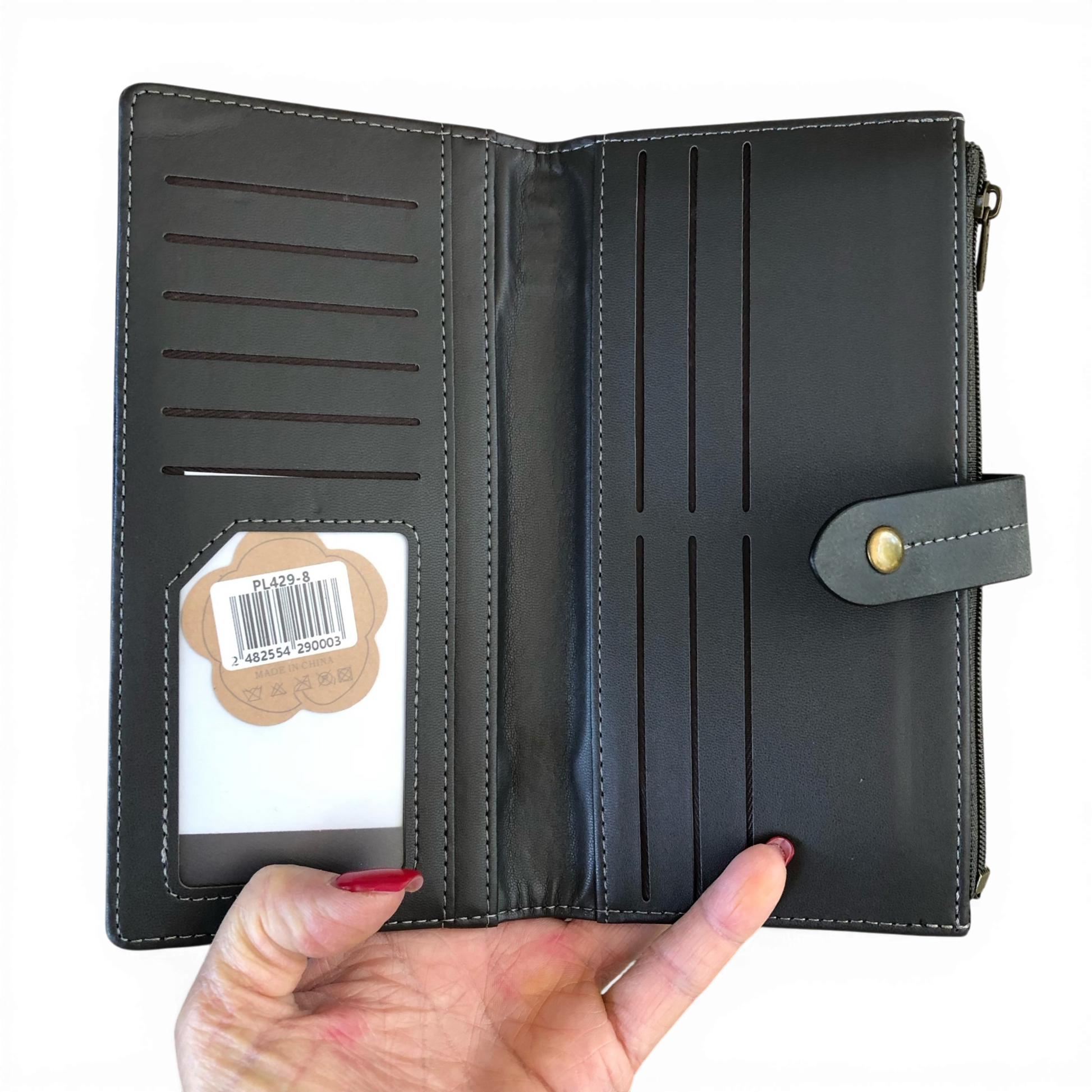 Cotton Road Wallet large grey PU leather with exterior zip pocket and multiple compartments