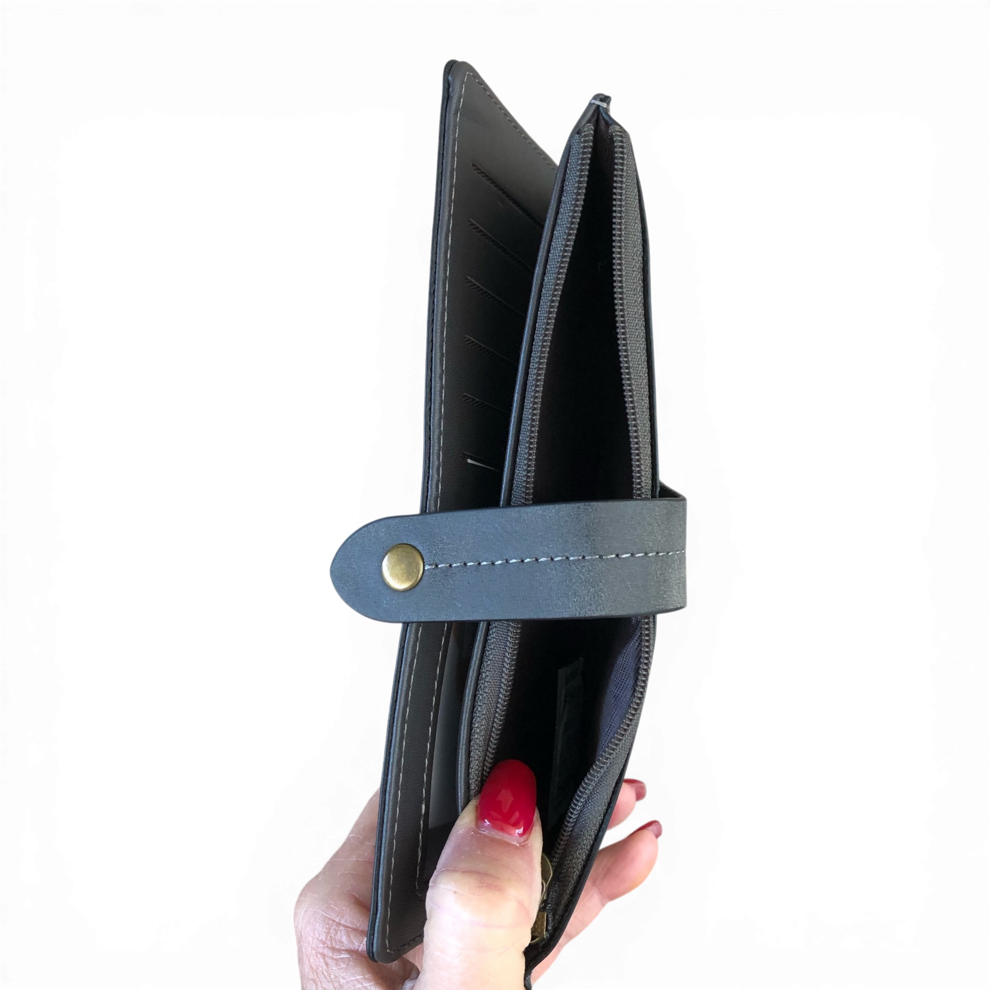Cotton Road Wallet large grey PU leather with outside zip pocket and multiple compartments