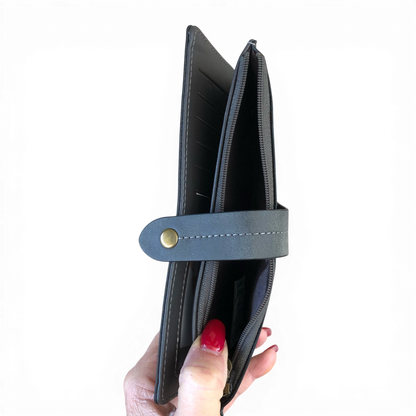 Cotton Road Wallet large grey PU leather with outside zip pocket and multiple compartments