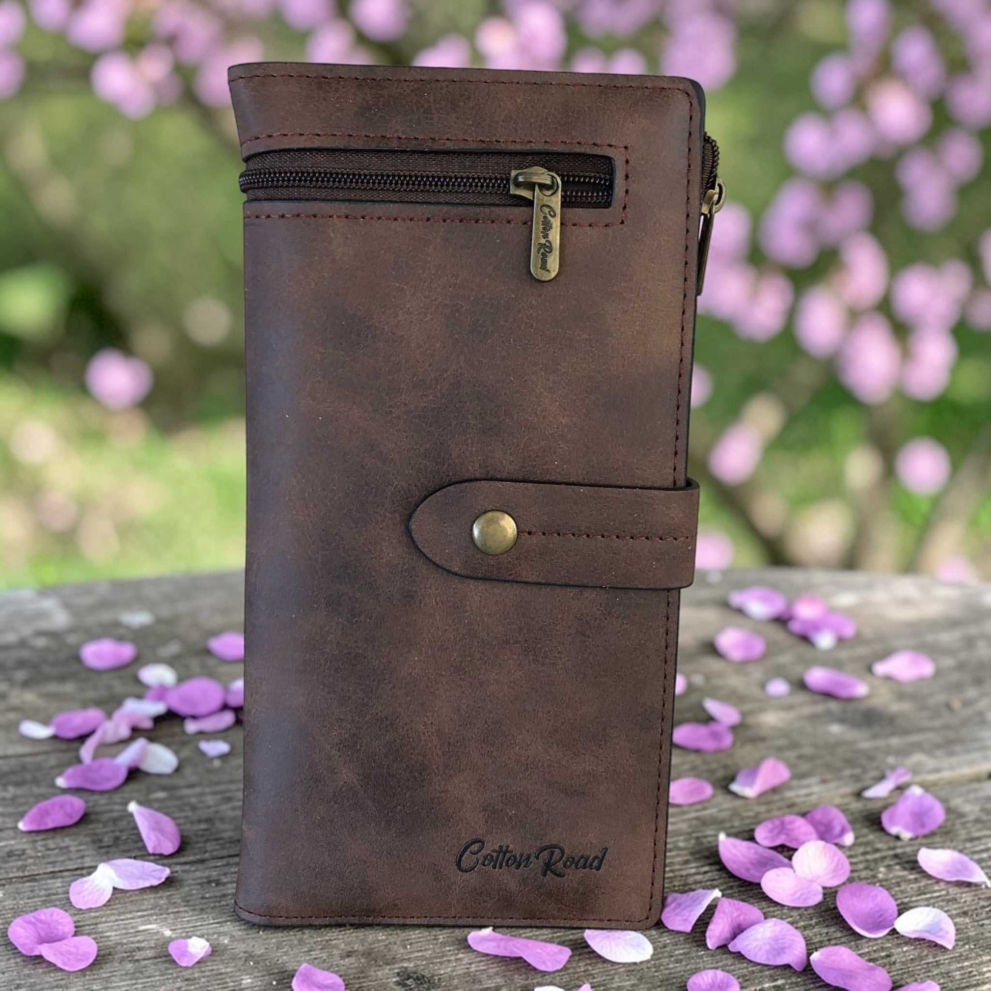 Cotton Road Wallet large brown PU leather with outside zip pocket and multiple compartments for organization
