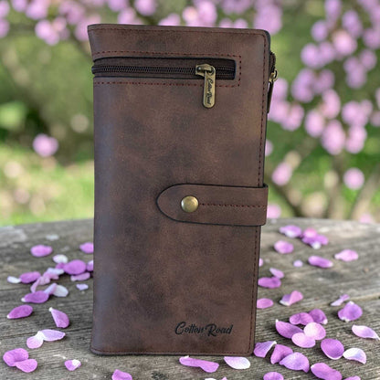 Cotton Road Wallet large brown PU leather with outside zip pocket and multiple compartments for organization
