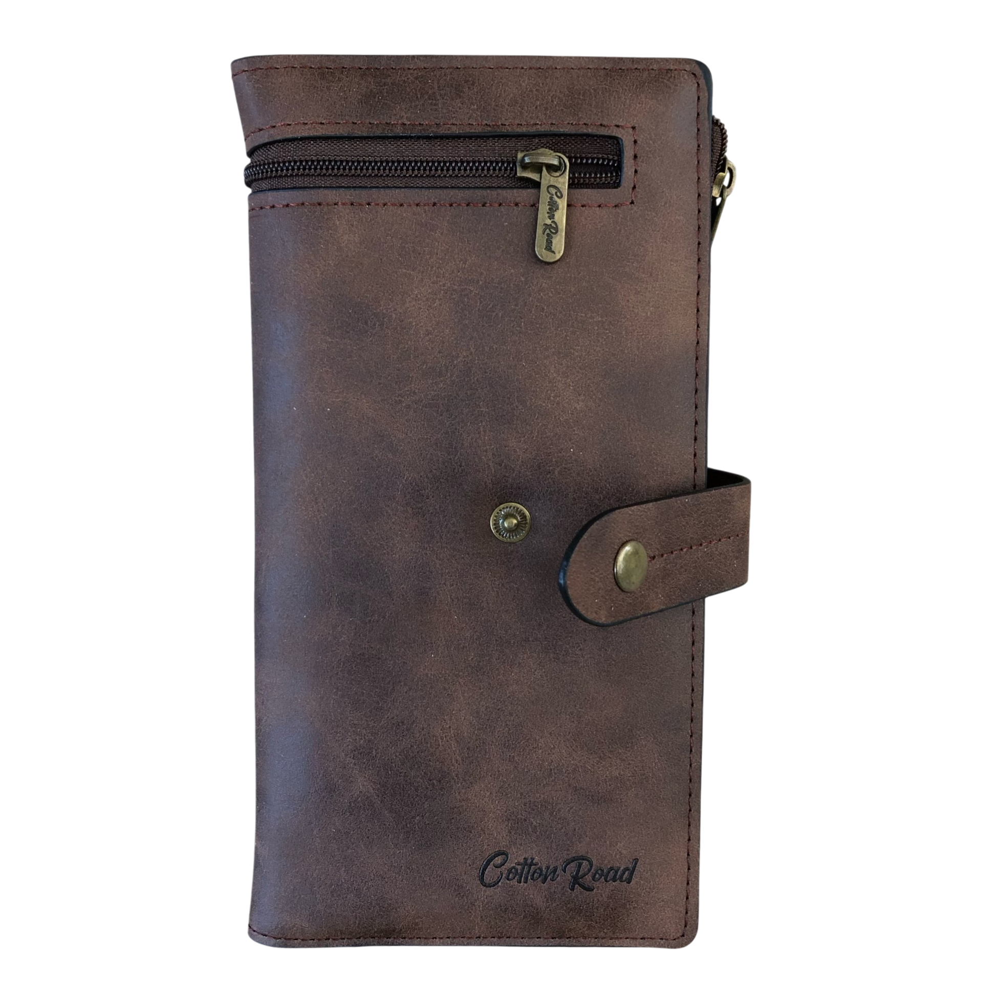 Cotton Road Wallet large brown PU leather with outside zip pocket and multiple compartments for cards and cash