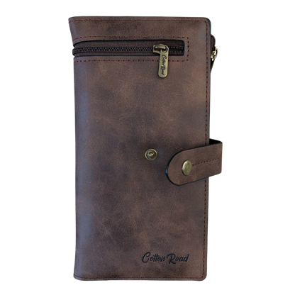 Cotton Road Wallet large brown PU leather with outside zip pocket and multiple compartments for cards and cash