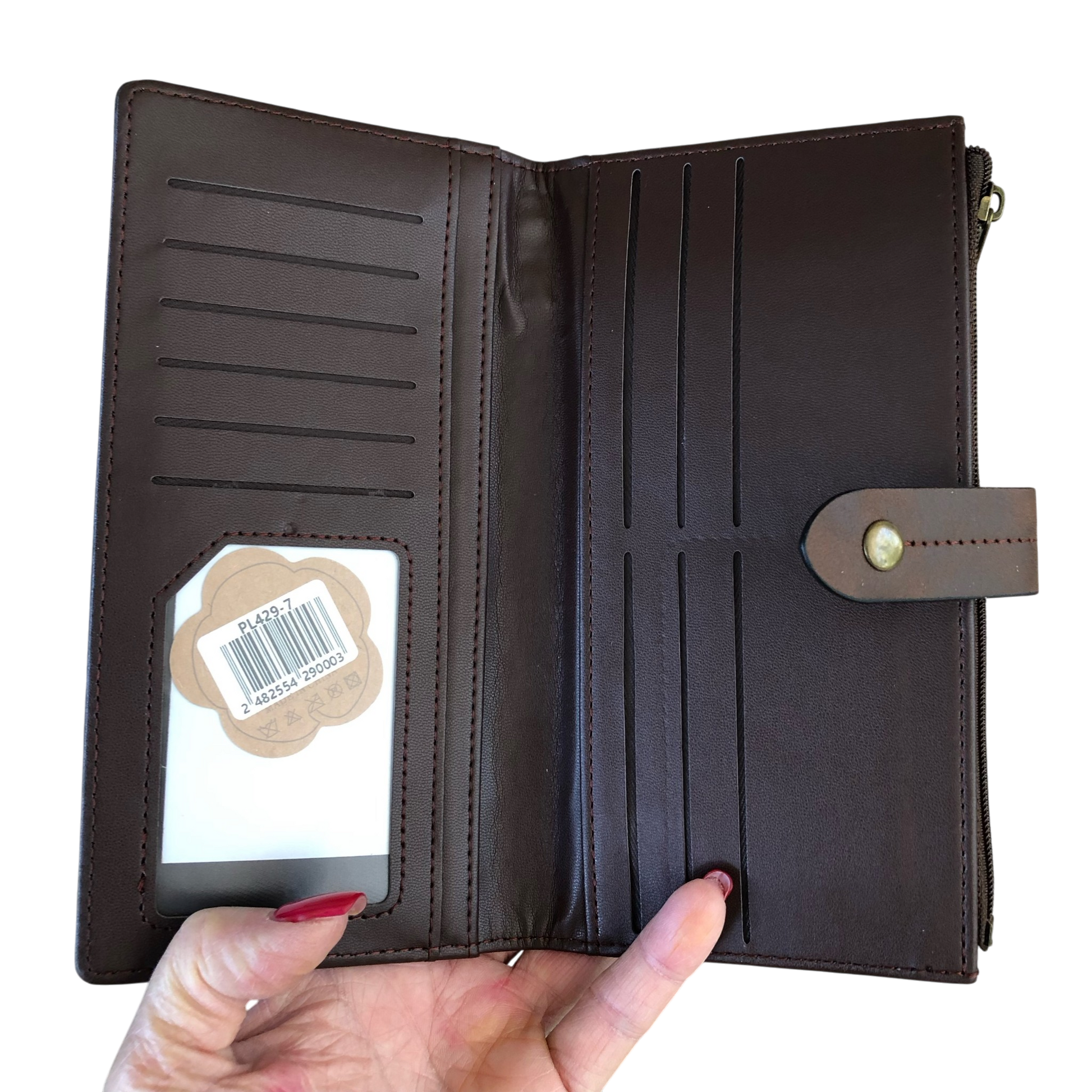 Cotton Road Wallet large brown PU leather with outside zip pocket and multiple compartments for cards and cash