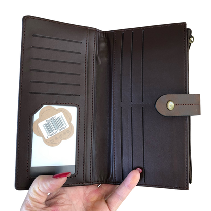 Cotton Road Wallet large brown PU leather with outside zip pocket and multiple compartments for cards and cash