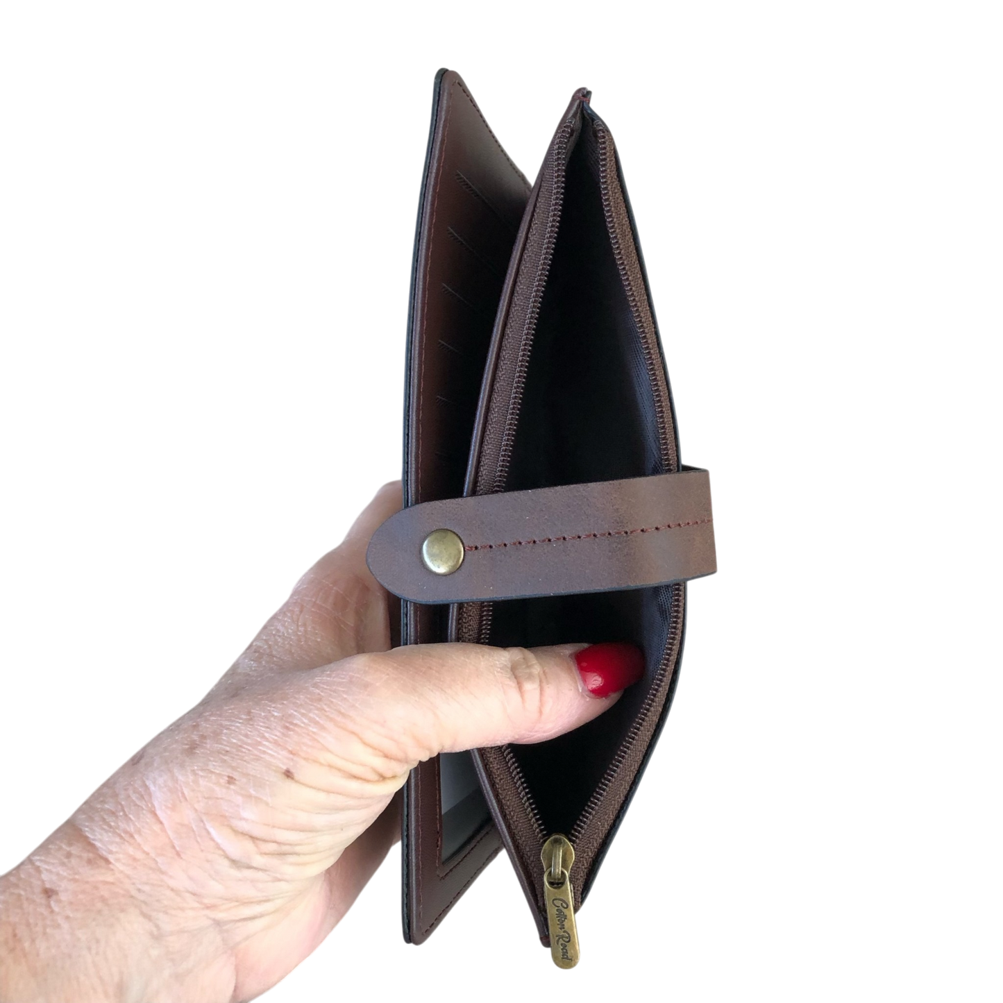 Cotton Road Wallet large brown PU leather with exterior zip pocket and multiple card slots for organized storage