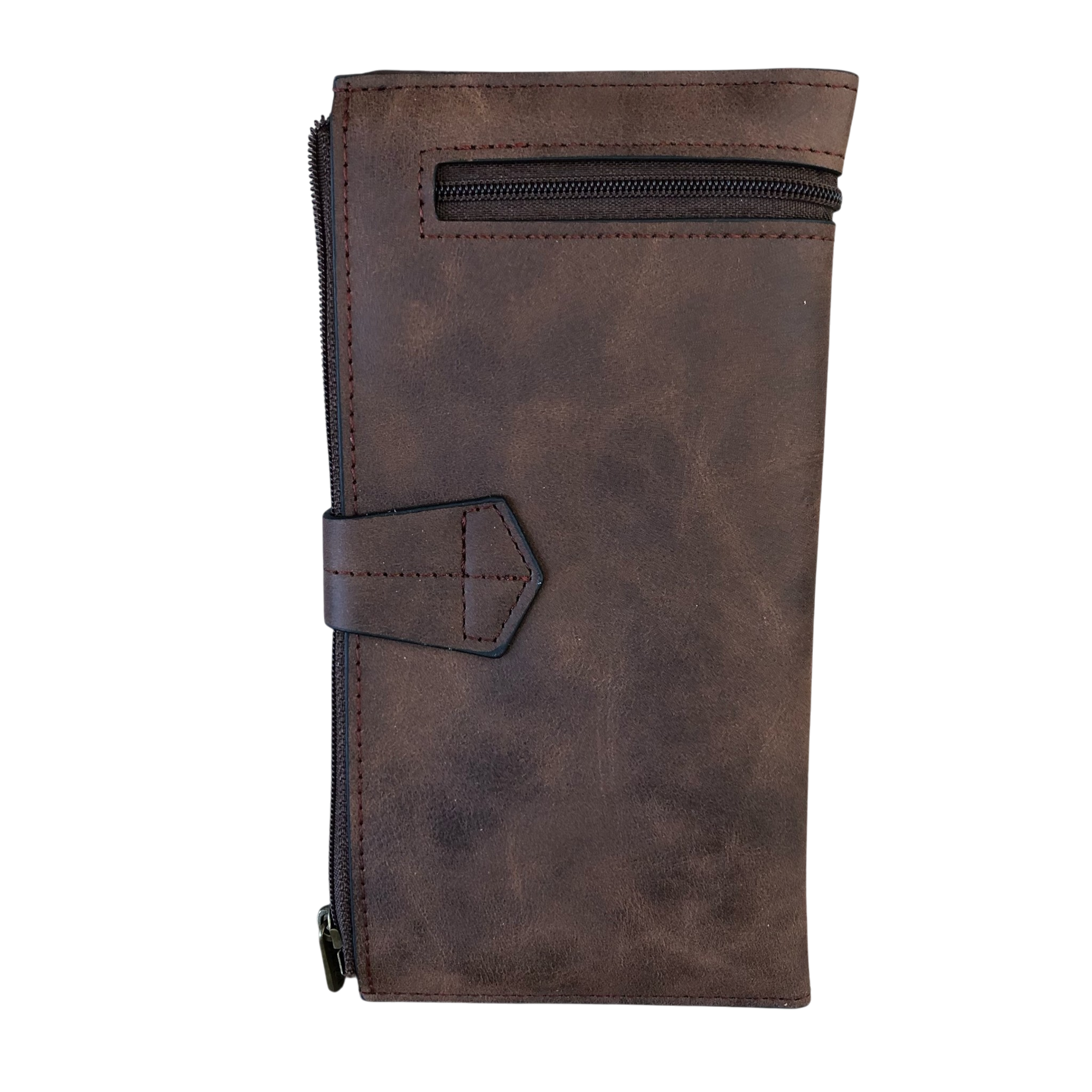 Large brown Cotton Road Wallet in PU leather with exterior zip pocket and multiple card slots