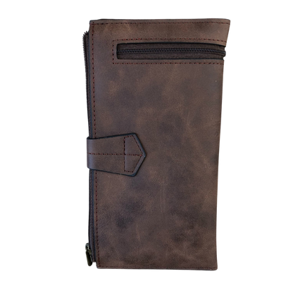 Large brown Cotton Road Wallet in PU leather with exterior zip pocket and multiple card slots