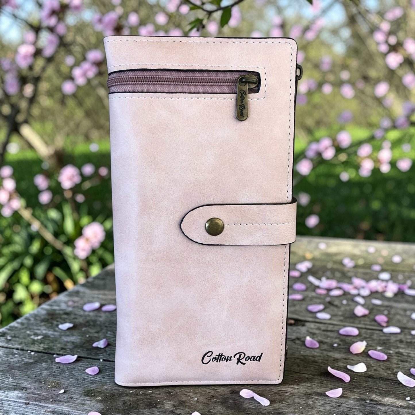Cotton Road Wallet large pink PU leather with exterior zip pocket and multiple compartments for cards and cash