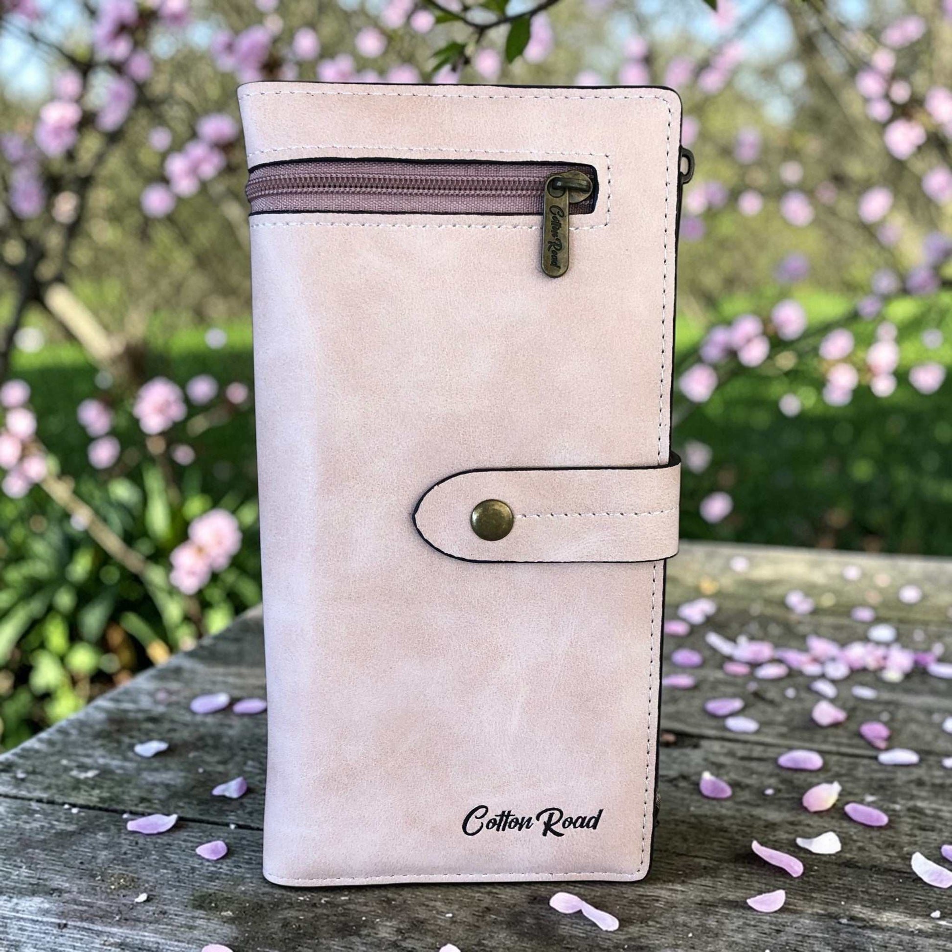 Cotton Road Wallet large pink PU leather with exterior zip pocket and multiple compartments for cards and cash