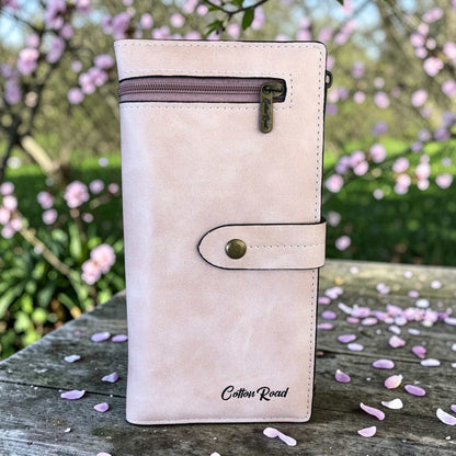 Cotton Road Wallet large pink PU leather with exterior zip pocket and multiple compartments for cards and cash