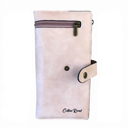 Cotton Road Wallet large pink PU leather wallet with exterior zip pocket and multiple card slots