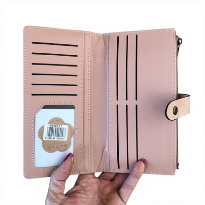 Cotton Road Wallet large pink PU leather with outside zip pocket and multiple compartments