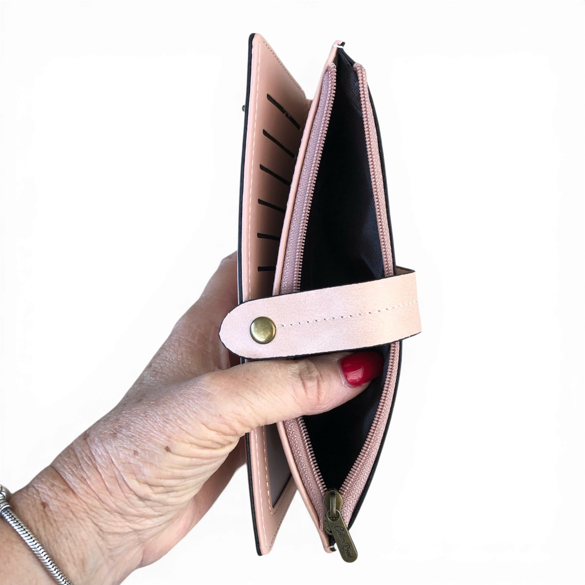 Cotton Road Wallet pink PU leather with outside zip pocket and multiple card slots