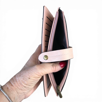 Cotton Road Wallet pink PU leather with outside zip pocket and multiple card slots