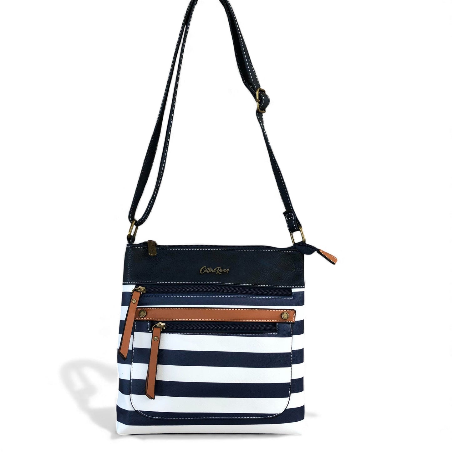NAVY BLUE and WHITE PVC Cotton Road Sling Bag with STRIPES and TAN Trim detailing