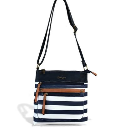 NAVY BLUE and WHITE PVC Cotton Road Sling Bag with STRIPES and TAN Trim detailing