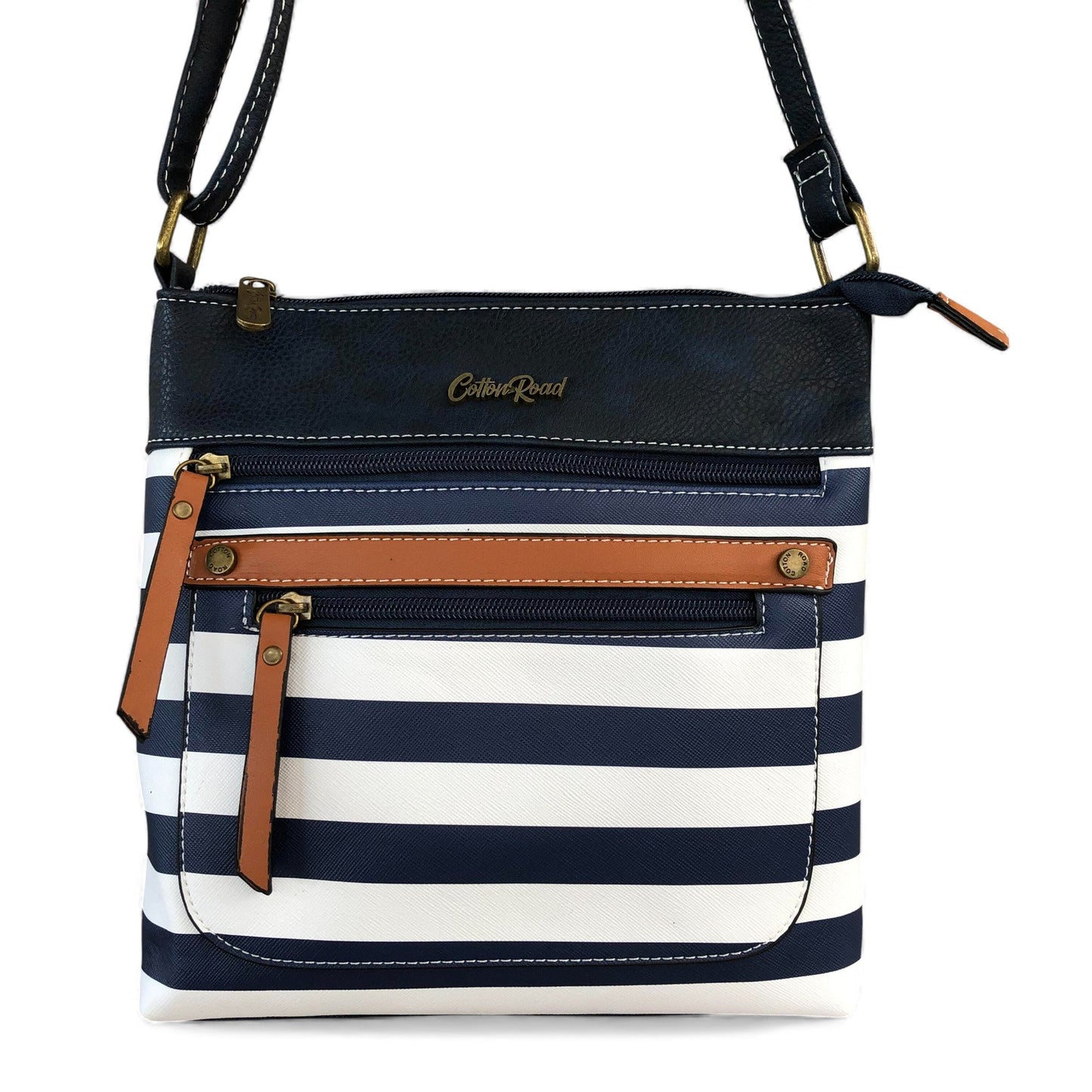 NAVY BLUE and WHITE PVC Cotton Road Sling Bag with STRIPES and TAN Trim detailing