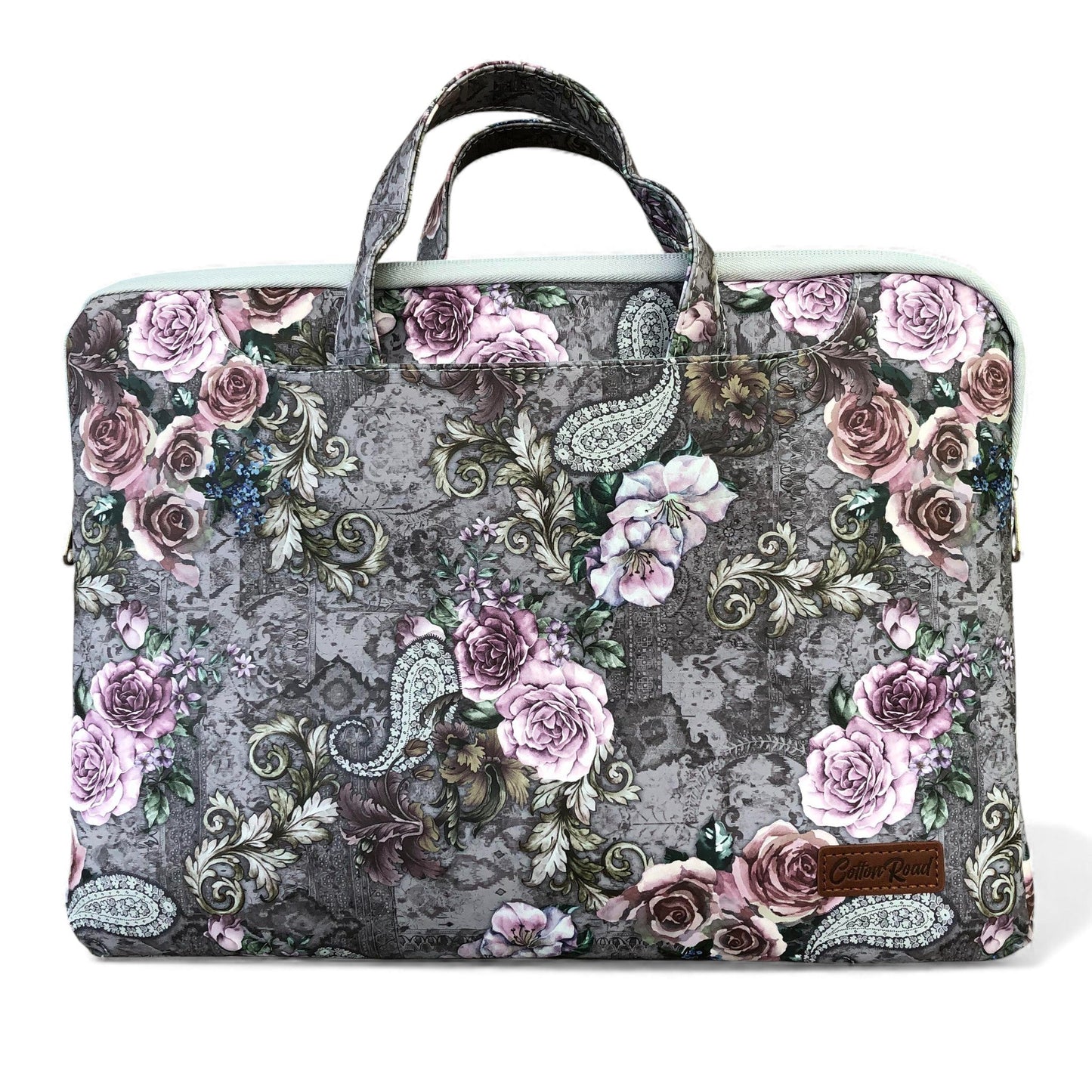 GREY Cotton Road PVC Laptop Bag / Carry Sleeve with Padded Inner and PAISLEY/PINK FLOWERS