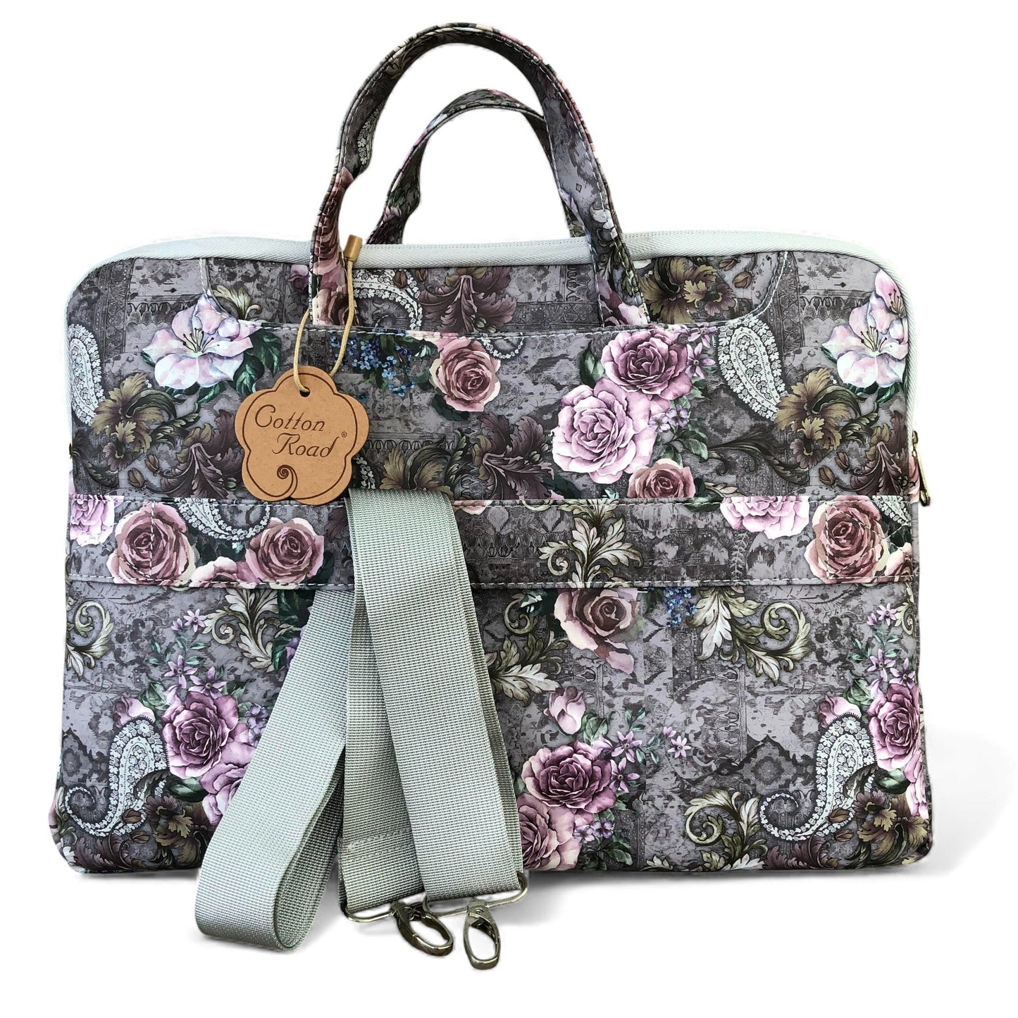 GREY Cotton Road PVC Laptop Bag / Carry Sleeve with Padded Inner and PAISLEY/PINK FLOWERS