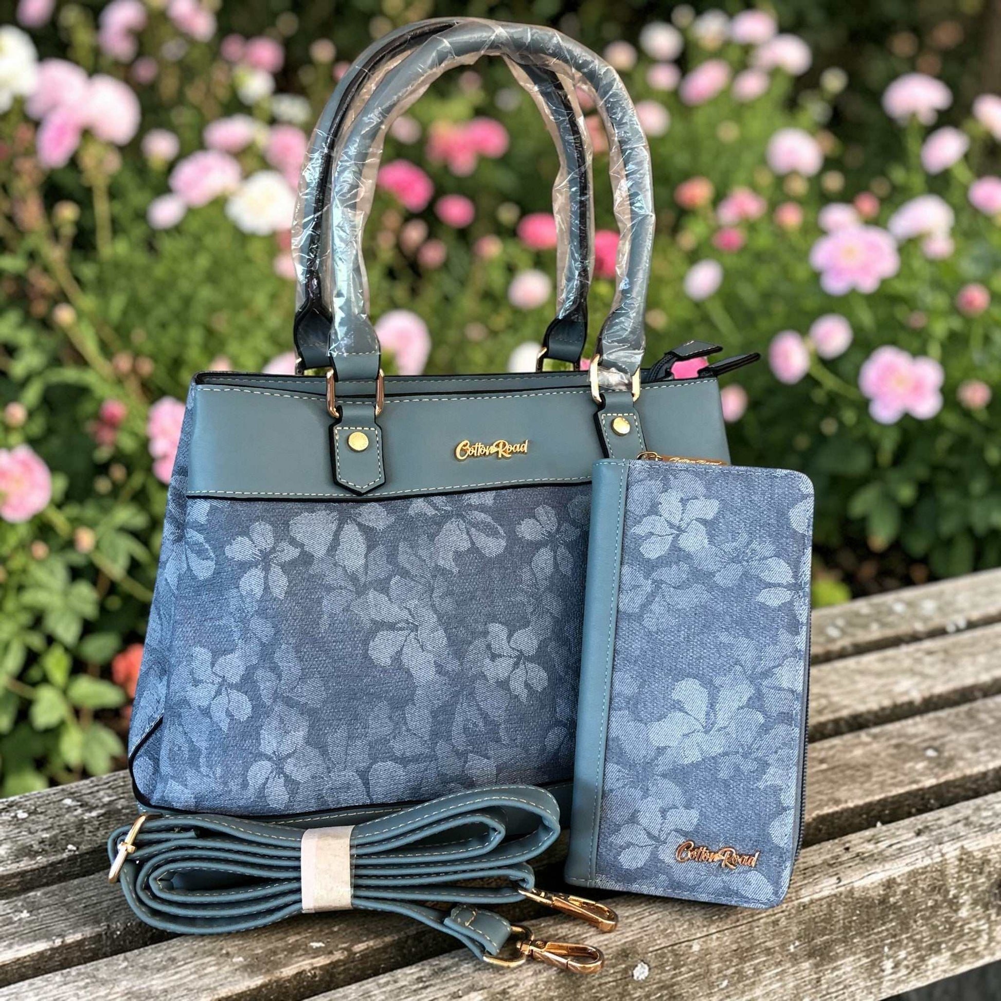 Cotton Road Handbag blue floral PU leather handbag and wallet set with dual handles and zippered compartments