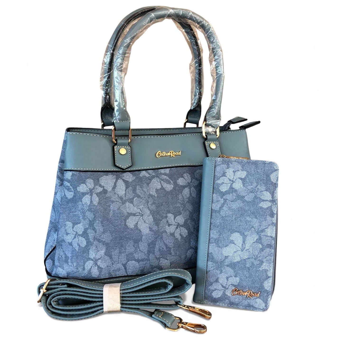 Cotton Road Handbag blue floral PU leather handbag and matching wallet set with dual handles and zippered compartments
