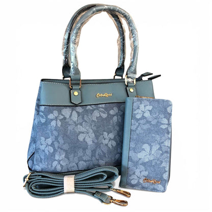 Cotton Road Handbag blue floral PU leather handbag and matching wallet set with dual handles and zippered compartments