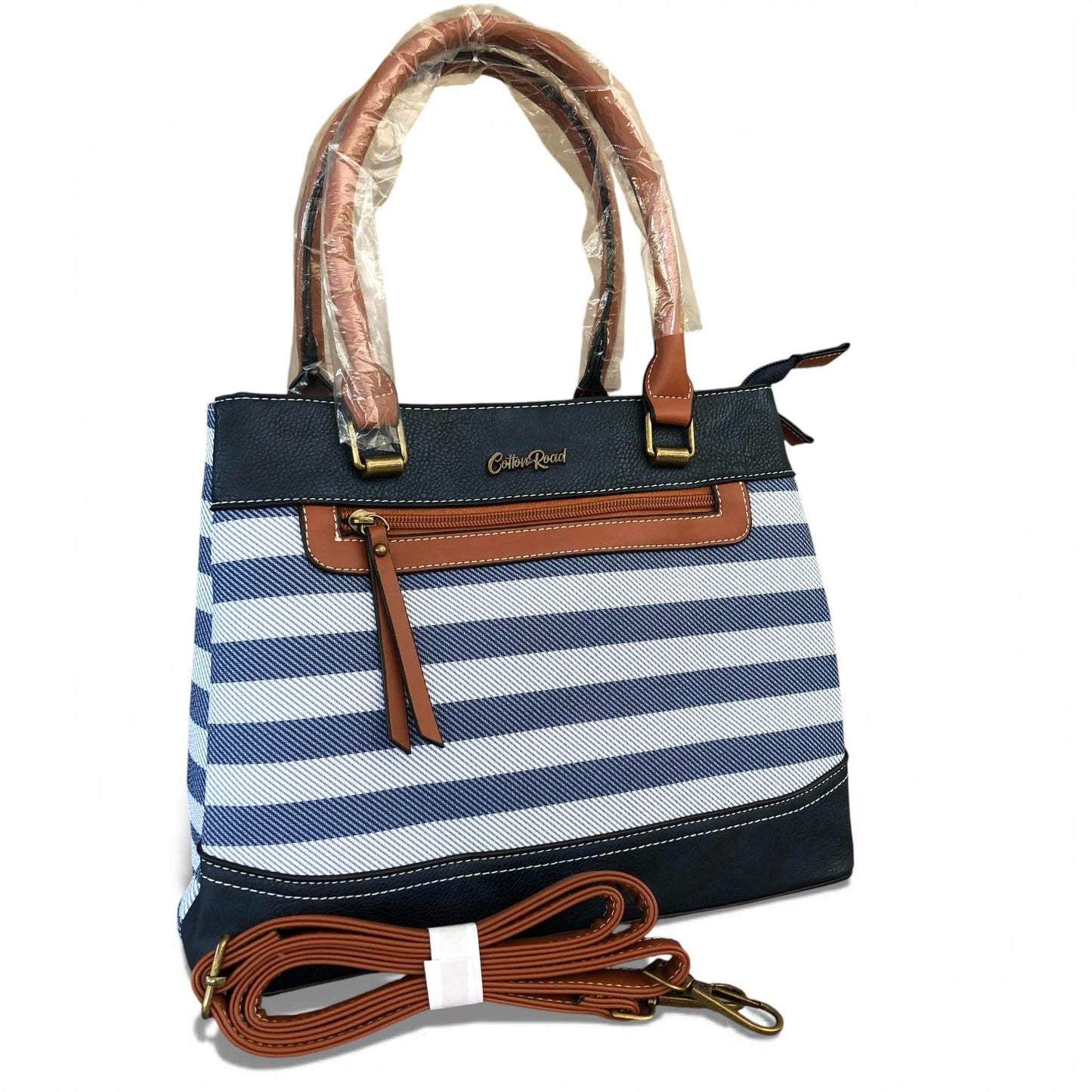 Cotton Road Handbag: Navy & White Striped PVC with PU Leather Trim