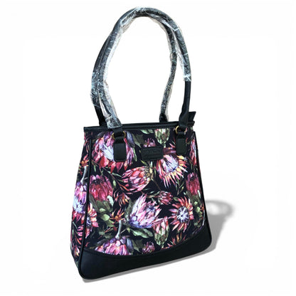 Vivace Handbag: BLACK Canvas Handbag with BLACK PU Leather Trim and PROTEA design