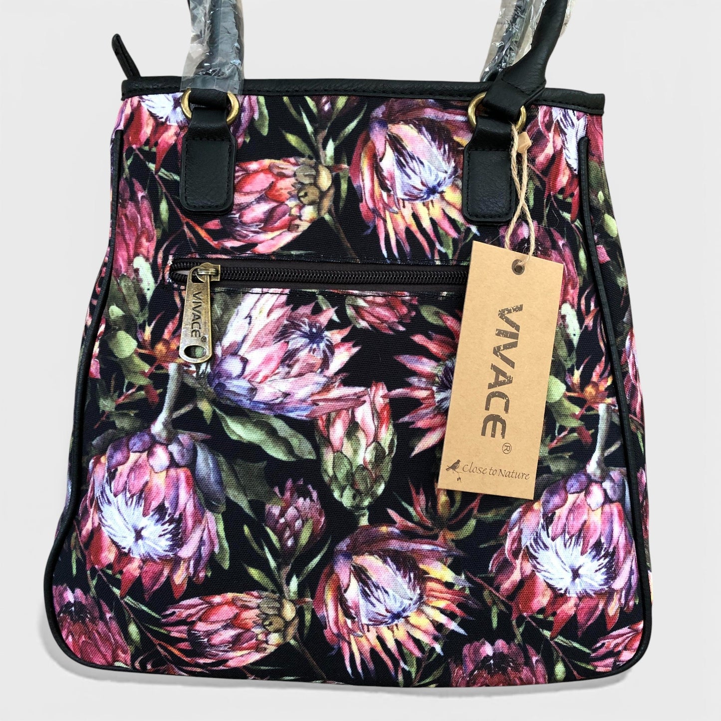 Vivace Handbag: BLACK Canvas Handbag with BLACK PU Leather Trim and PROTEA design