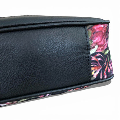 Vivace Handbag: BLACK Canvas Handbag with BLACK PU Leather Trim and PROTEA design