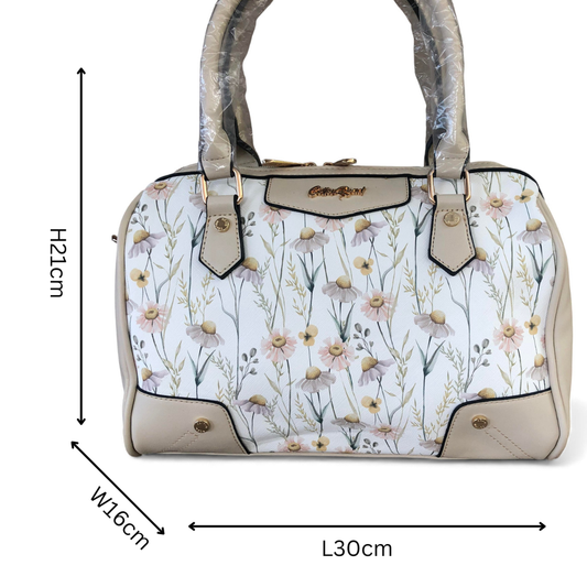 IVORY Cotton Road PU Leather Barrel Handbag with FLORAL Panel