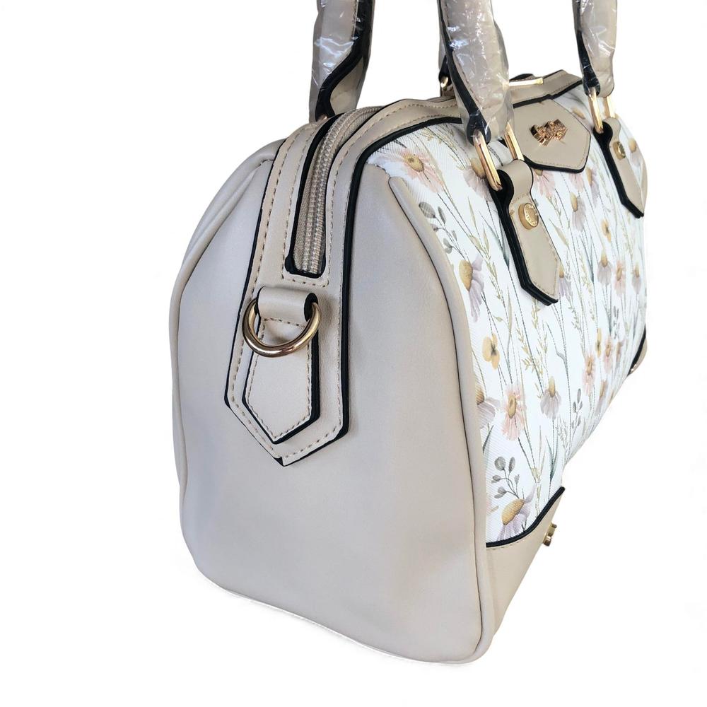 IVORY Cotton Road PU Leather Barrel Handbag with FLORAL Panel
