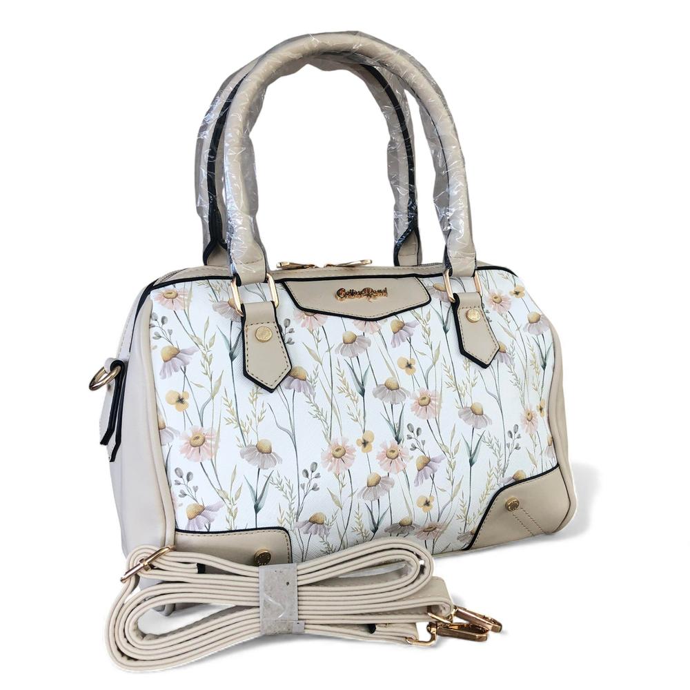 IVORY Cotton Road PU Leather Barrel Handbag with FLORAL Panel