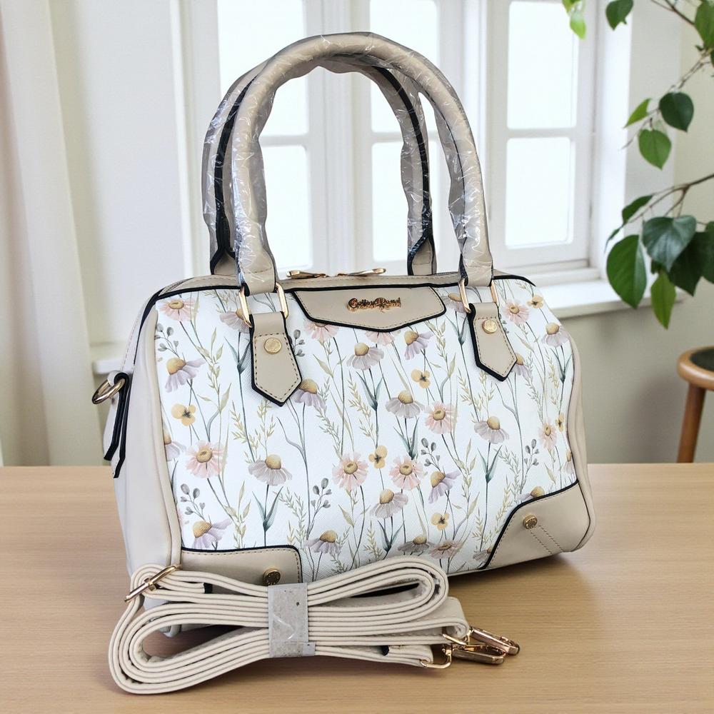 IVORY Cotton Road PU Leather Barrel Handbag with FLORAL Panel