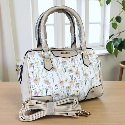 IVORY Cotton Road PU Leather Barrel Handbag with FLORAL Panel