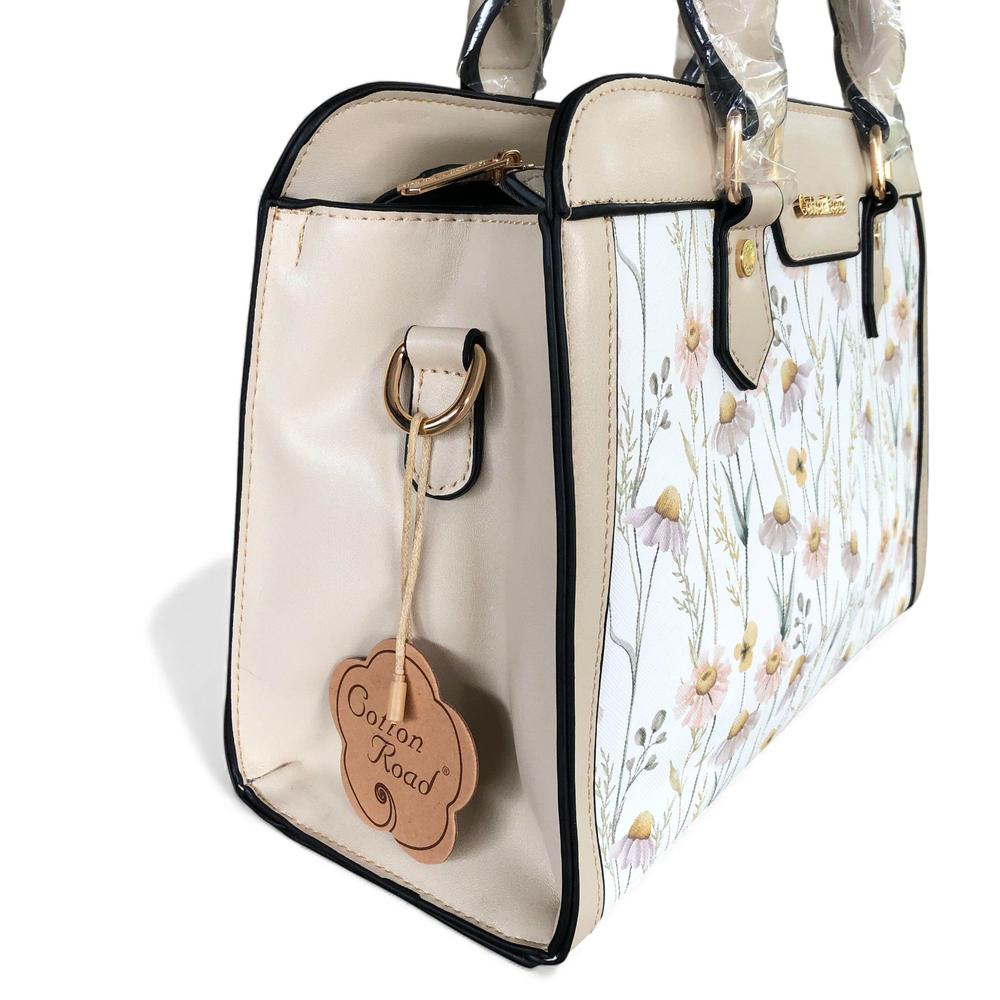 IVORY Cotton Road PU Leather Handbag with FLORAL Panel