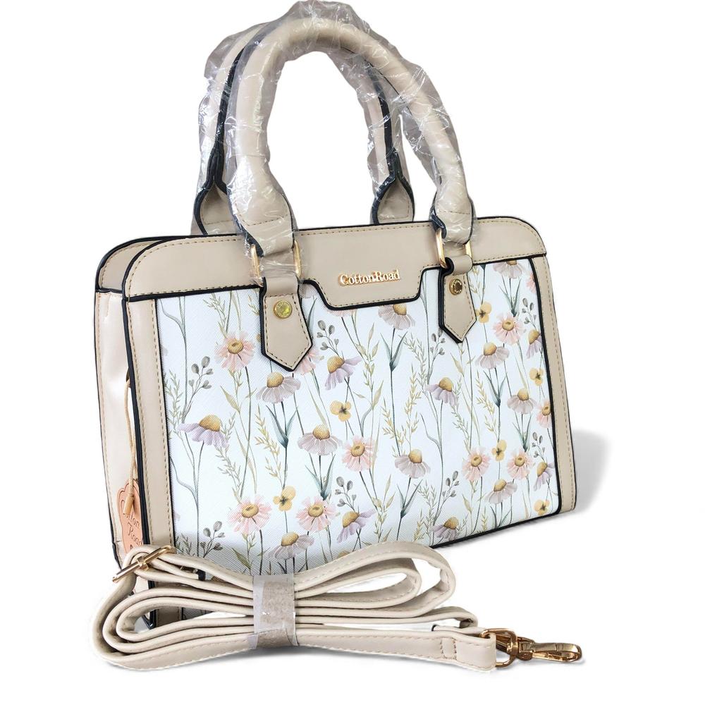 IVORY Cotton Road PU Leather Handbag with FLORAL Panel