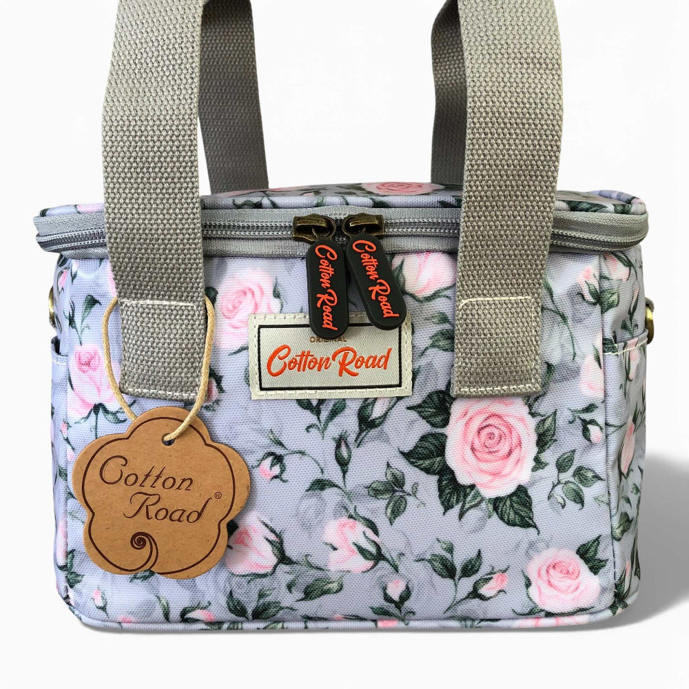 Grey PVC Cotton Road Cooler lunch box bag with rose design and insulated compartments