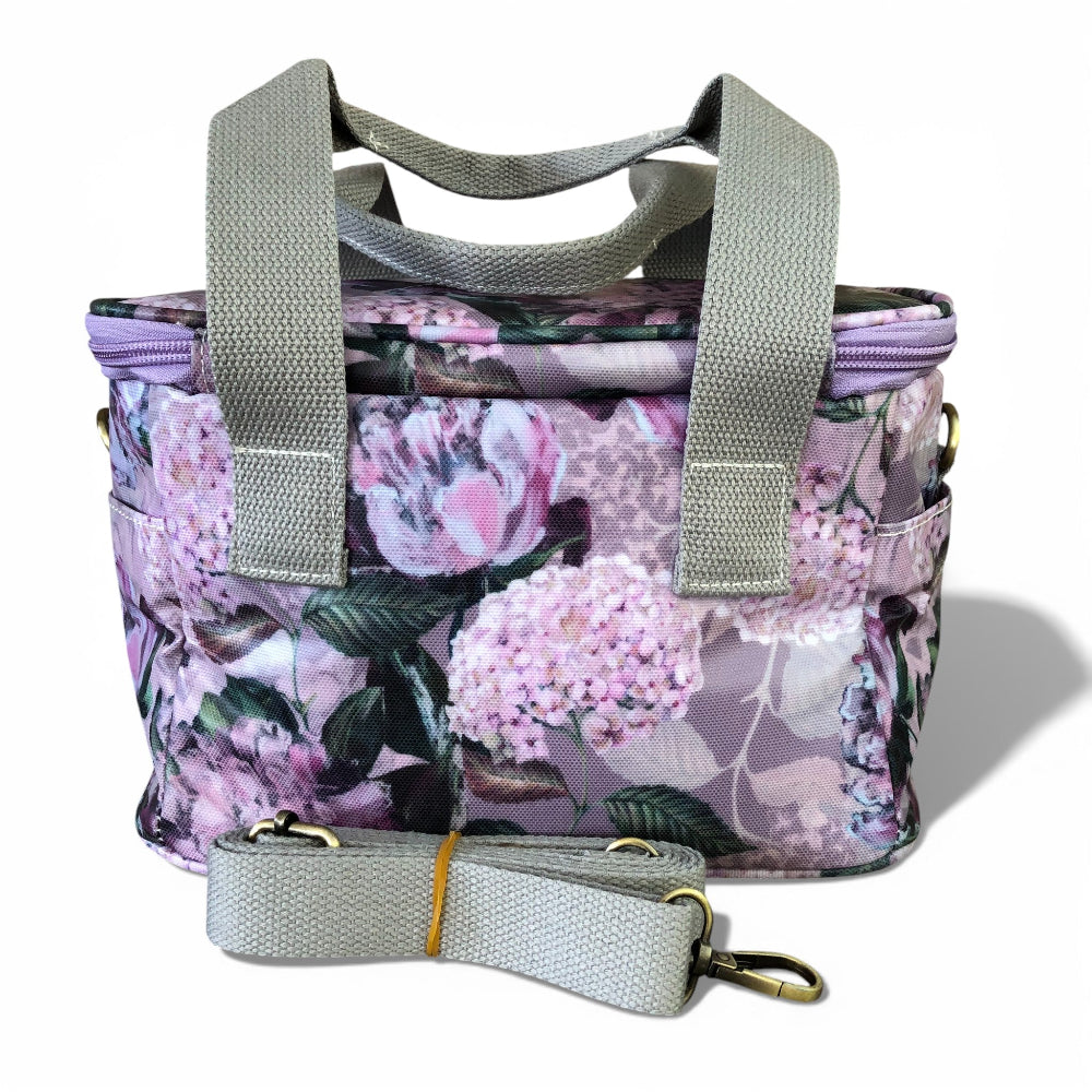 Cotton Road Cooler lilac floral PVC insulated lunch box bag with ergonomic handles and shoulder strap