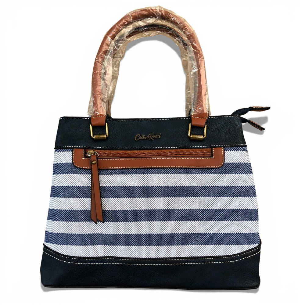 Cotton Road navy and white striped handbag front view