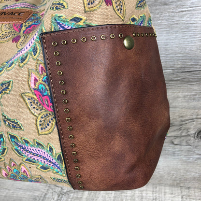 Vivace Handbag: BEIGE Canvas with multicolour pattern and BROWN PU leather trim CORNER