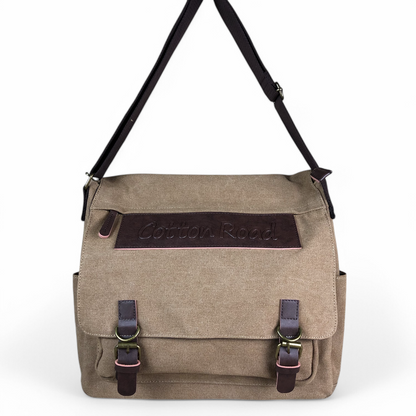 KHAKI BRANDED Cotton Road Canvas 15,6" Laptop Bag with BROWN PU Leather TRIM