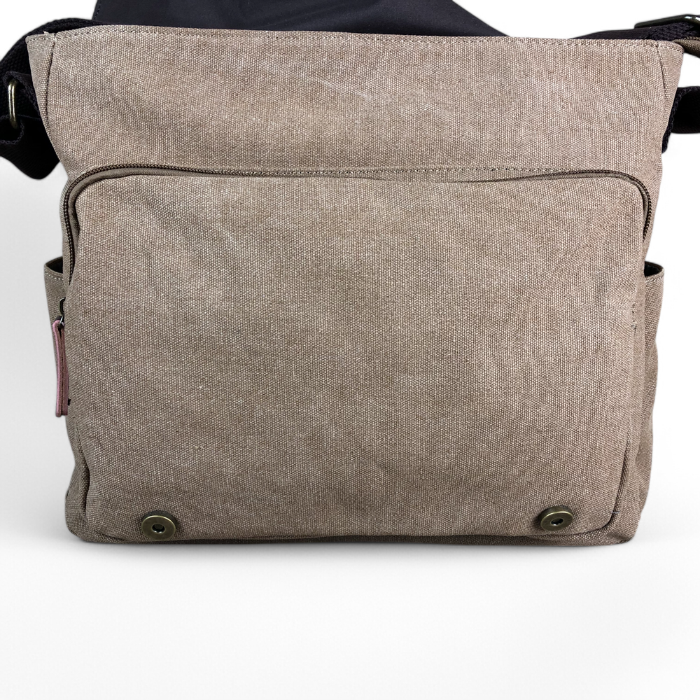 KHAKI BRANDED Cotton Road Canvas 15,6" Laptop Bag with BROWN PU Leather TRIM