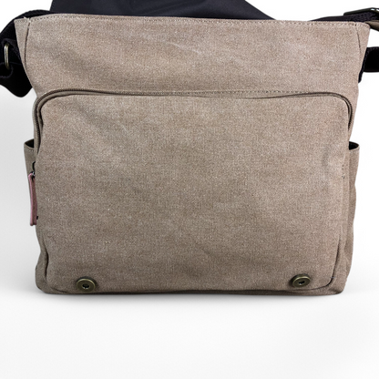 KHAKI BRANDED Cotton Road Canvas 15,6" Laptop Bag with BROWN PU Leather TRIM back view